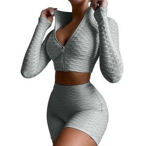 Texture Collar Zipper Athletic Sweater & Shorts Set